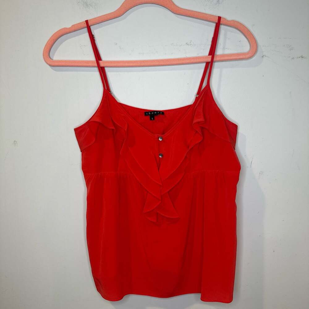 Whimsical Theory Orange Red 100% Silk Ruffle Button Front Camisole Top SMALL
